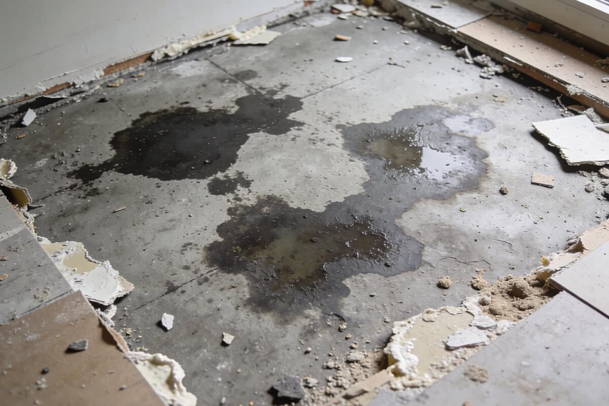 Estrichboden mit mehreren dunklen Feuchtigkeitsflecken und umgebrochenen Bodenplatten